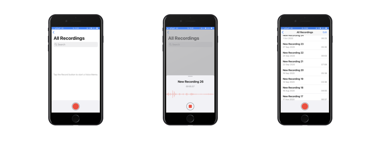 Screenshots of the Voice Memos app.
