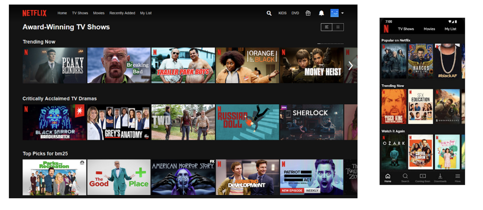 A screenshot of the Windows 10 Netflix app side-by-side with its iPhone app. Both interfaces use similar elements and design patterns.