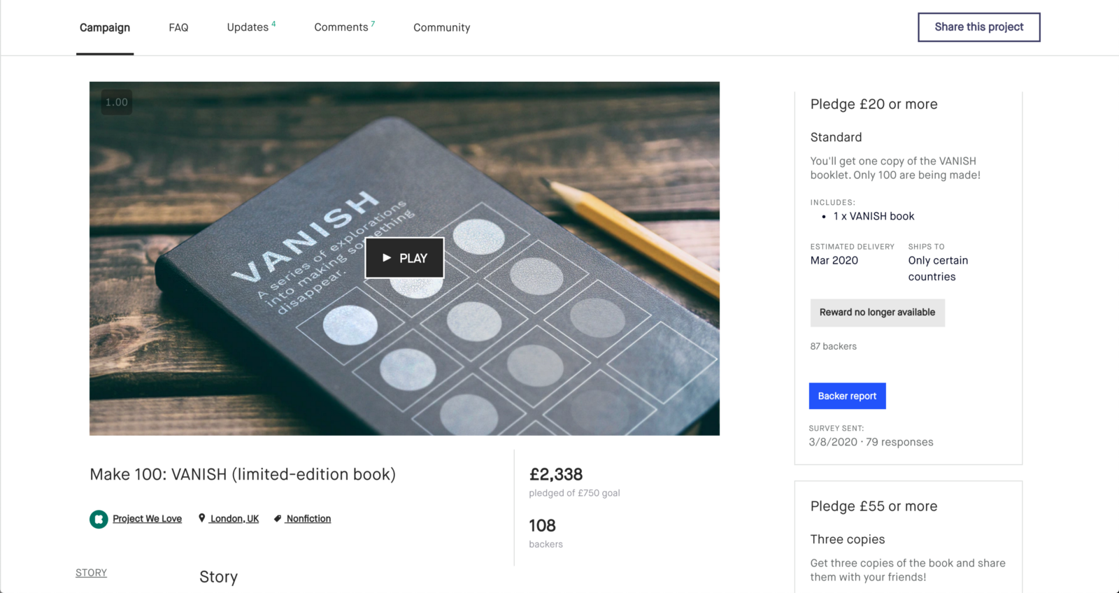 A screenshot of the Kickstarter page for the project