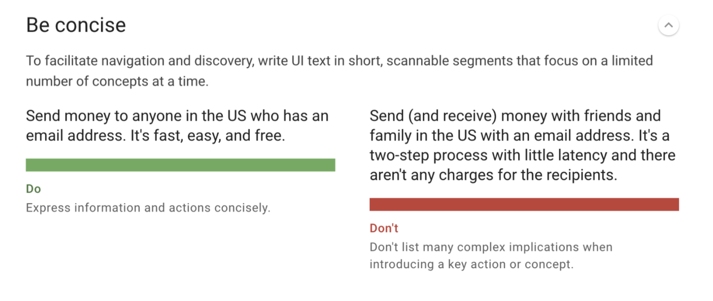 A screenshot of the voice principle 'Be concise' along with two examples of UI text that match and don't match this principle