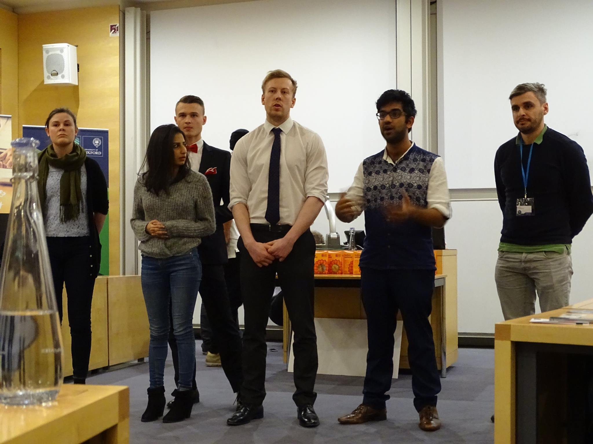 Photo of me answering a question from the judges at Startup Weekend Oxford 2017