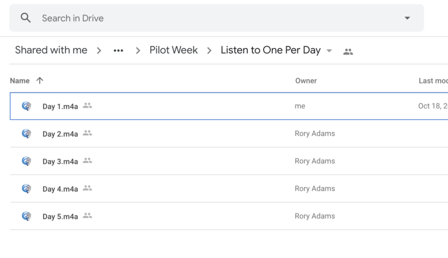 A screenshot of a Google Drive folder with Pilot Week recordings.