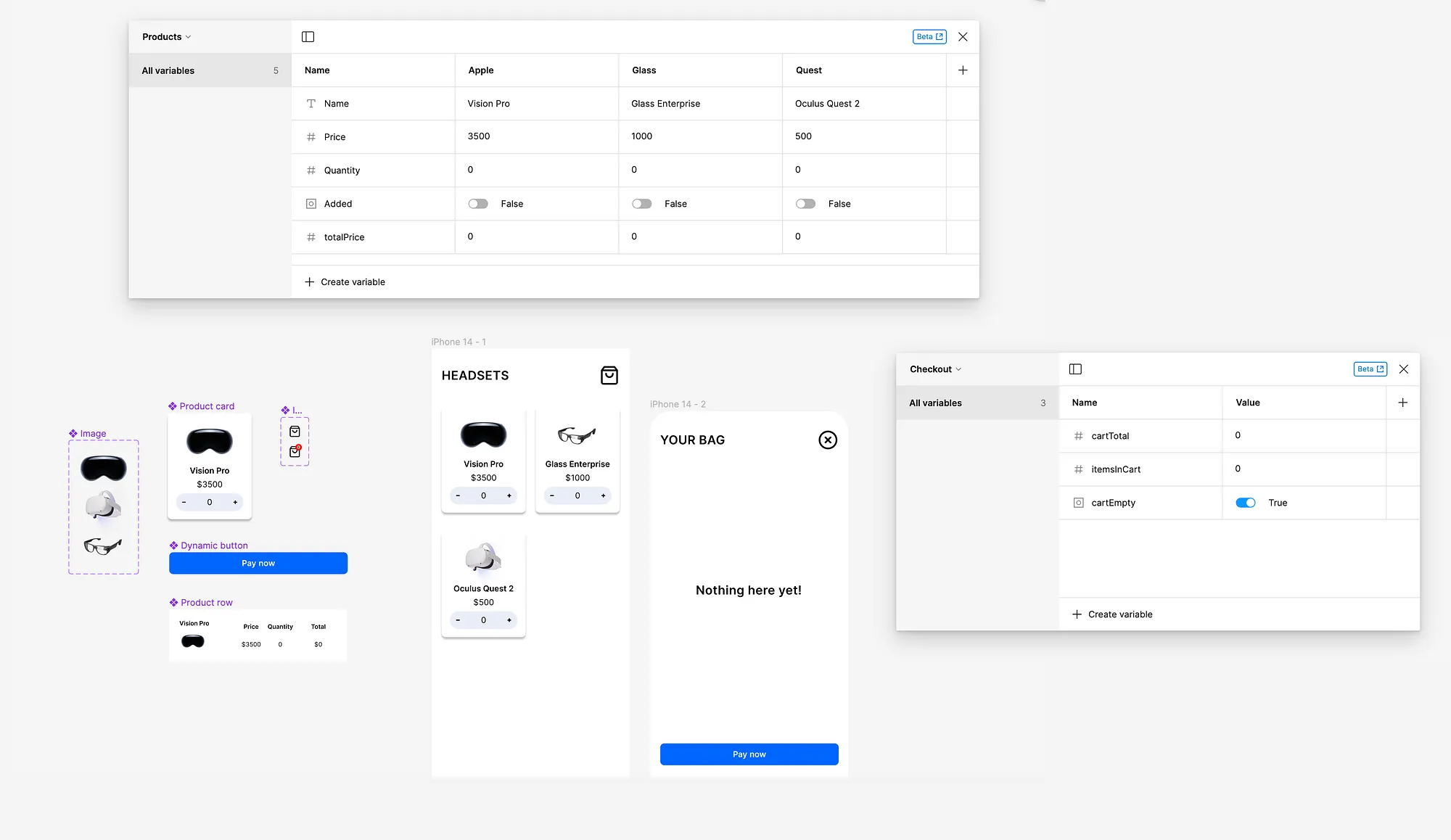 A screenshot from Figma showing all the bits needed to make an advanced prototype